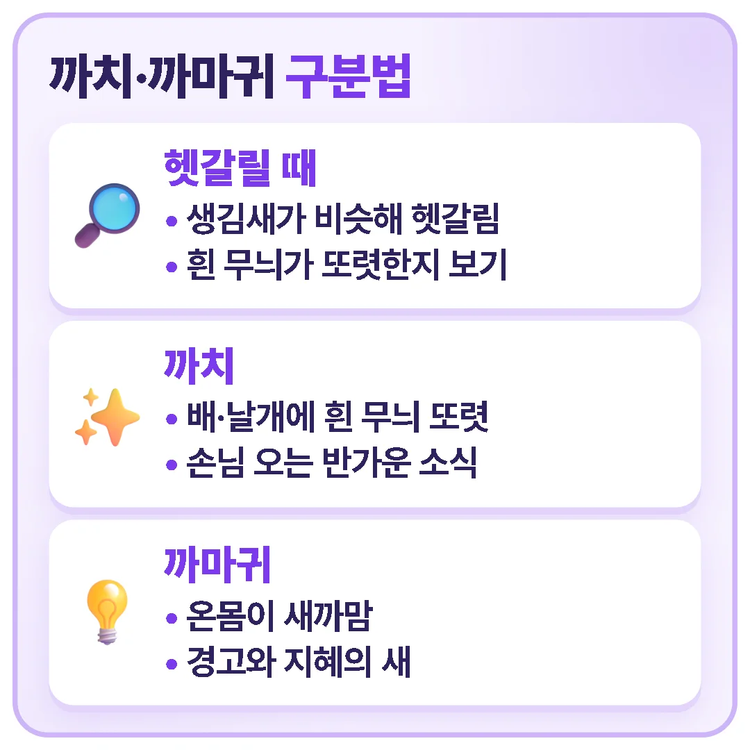배와 날개에 흰 무늬가 또렷하면 반가운 소식의 까치, 온몸이 새까마면 경고와 지혜의 까마귀로 구분해 꿈을 읽습니다.