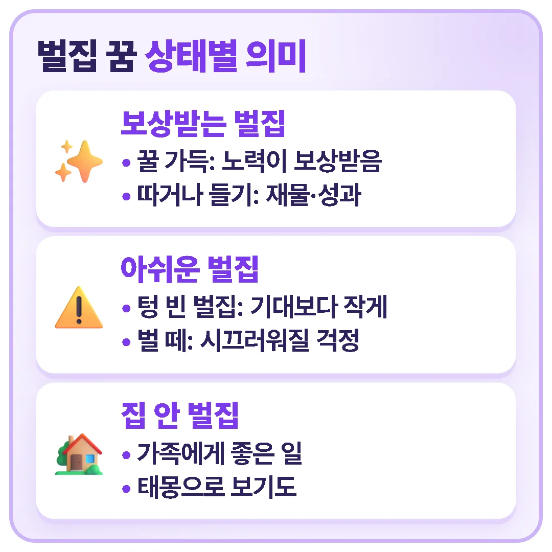 벌집 꿈은 쌓여 있는 상태를 상징하며, 꿀이 가득한지 텅 비었는지 등 벌집의 상태에 따라 의미가 달라집니다.