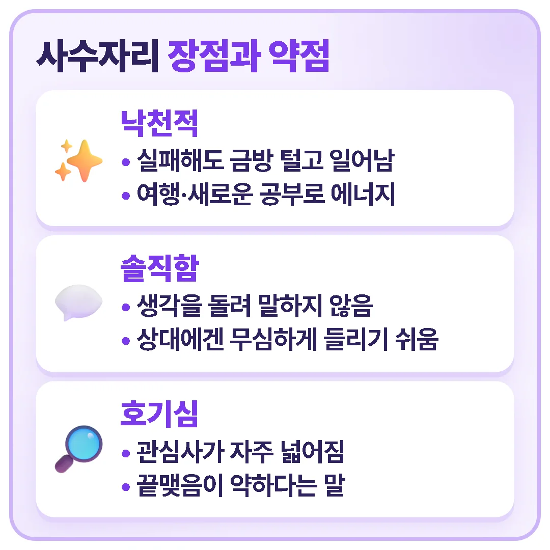 사수자리는 낙천적이고 솔직하며 호기심이 많지만, 솔직함은 무심하게 들리기 쉽고 끝맺음이 약하다는 말을 들을 수 있습니다.
