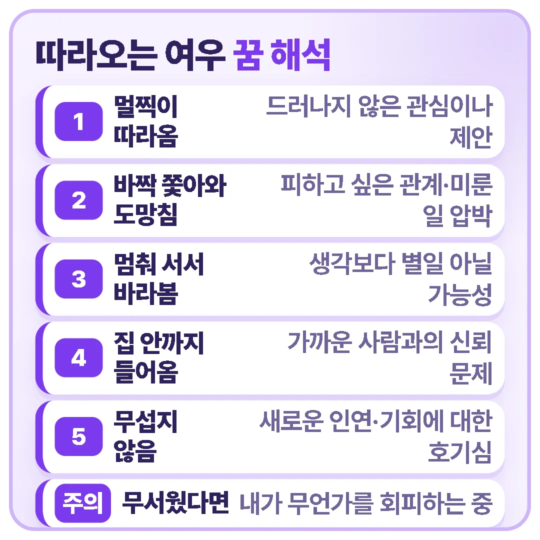 여우가 따라오는 꿈은 거리와 그때 느낀 감정에 따라 관심·압박감·신뢰 문제·호기심 등으로 해석이 달라집니다.