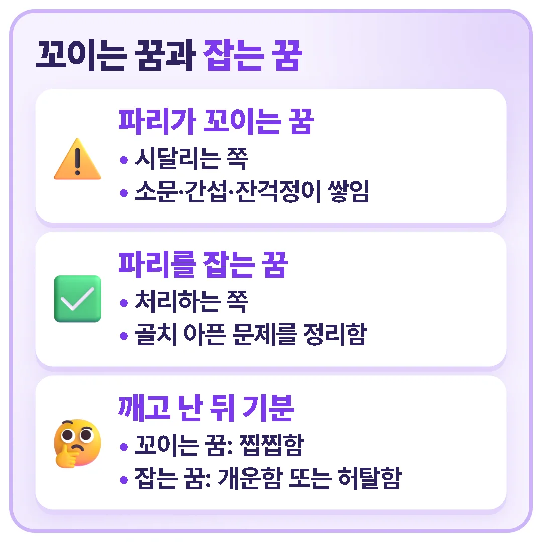 파리가 꼬이는 꿈은 시달리며 잔걱정이 쌓이는 상태, 잡는 꿈은 문제를 처리하고 정리하는 상태로, 핵심은 주도권이 누구에게 있느냐입니다.